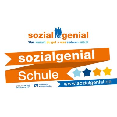 Logo von „sozial genial Schule“ mit bunten Sternen und stylisiertem Hintergrund.